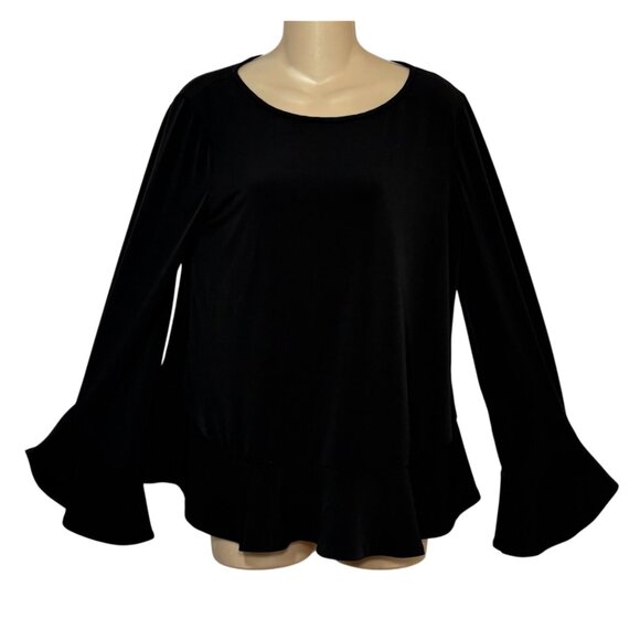 Laundry By Shelli Segal Women's Small Black L/S Ruffle Hem Top Bell Sleeves - Picture 1 of 8